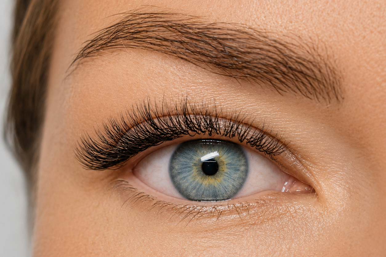 Close-up of a blue eye with long eyelashes and well-groomed eyebrow.