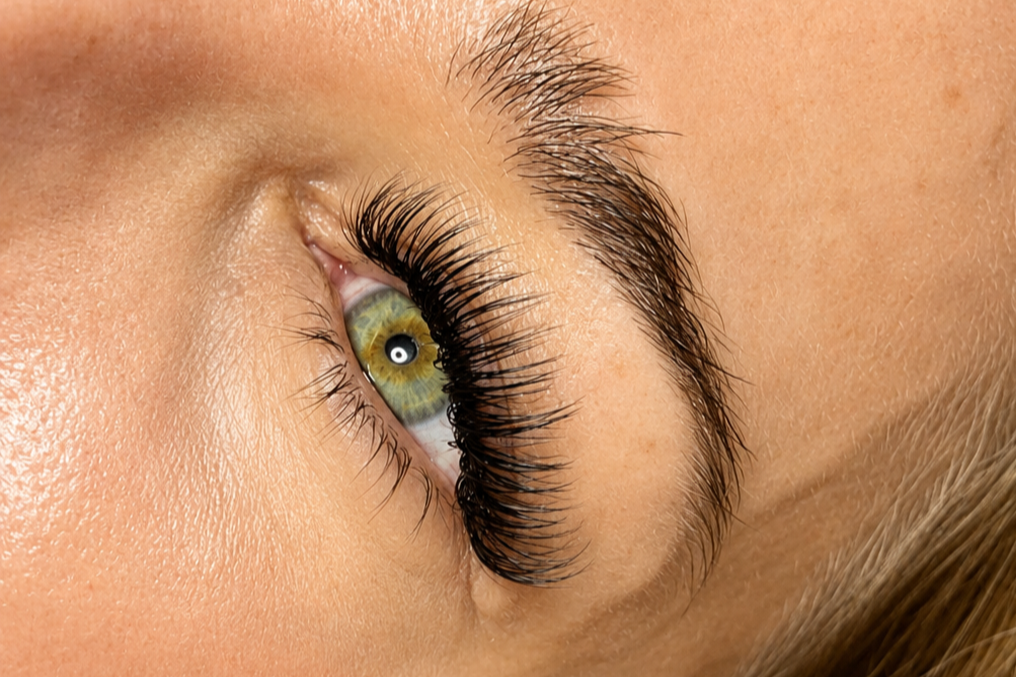 Close-up of a person's eye with long eyelashes, green iris, and natural eyebrows.