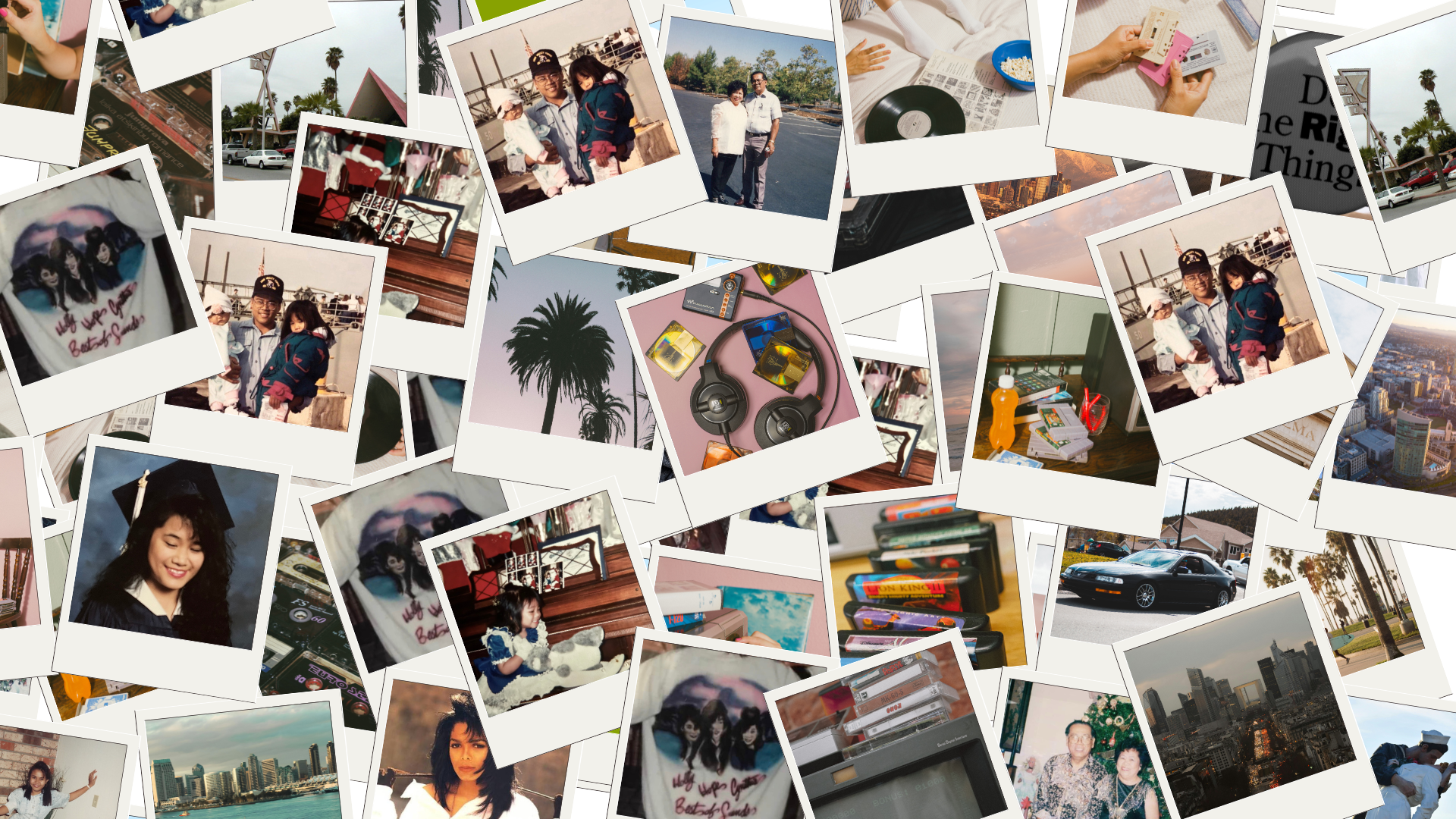 A collage of various personal photographs including people at outdoor locations, a skyline cityscape, a black sports car, and various objects like headphones, books, a vinyl record, and a bottle of orange drink on a table.