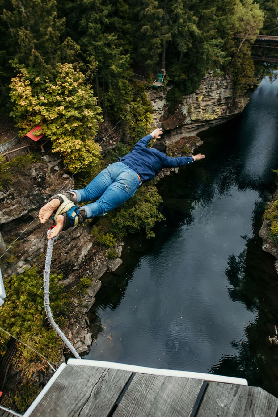 A man in jeans and a blue shirt bungy jumping over the Nanaimo River at WildPlay Nanaimo outdoor adventure park.