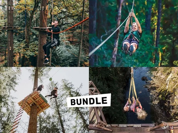 All 4 one bundle deal with ziplining, what's to fear free fall jump, giant primal swing, and adventure courses at outdoor adventure park.