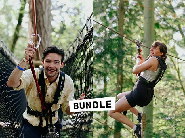 Guest climbing through net on classic adventure course, and another guest soaring on ziplines in extreme adventure course.