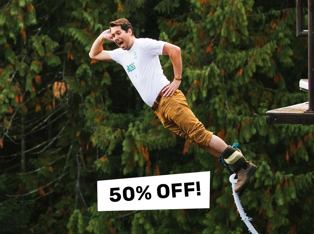 A man bungy jumping in Nanaimo, British Columbia with "50% off" displayed on the image.