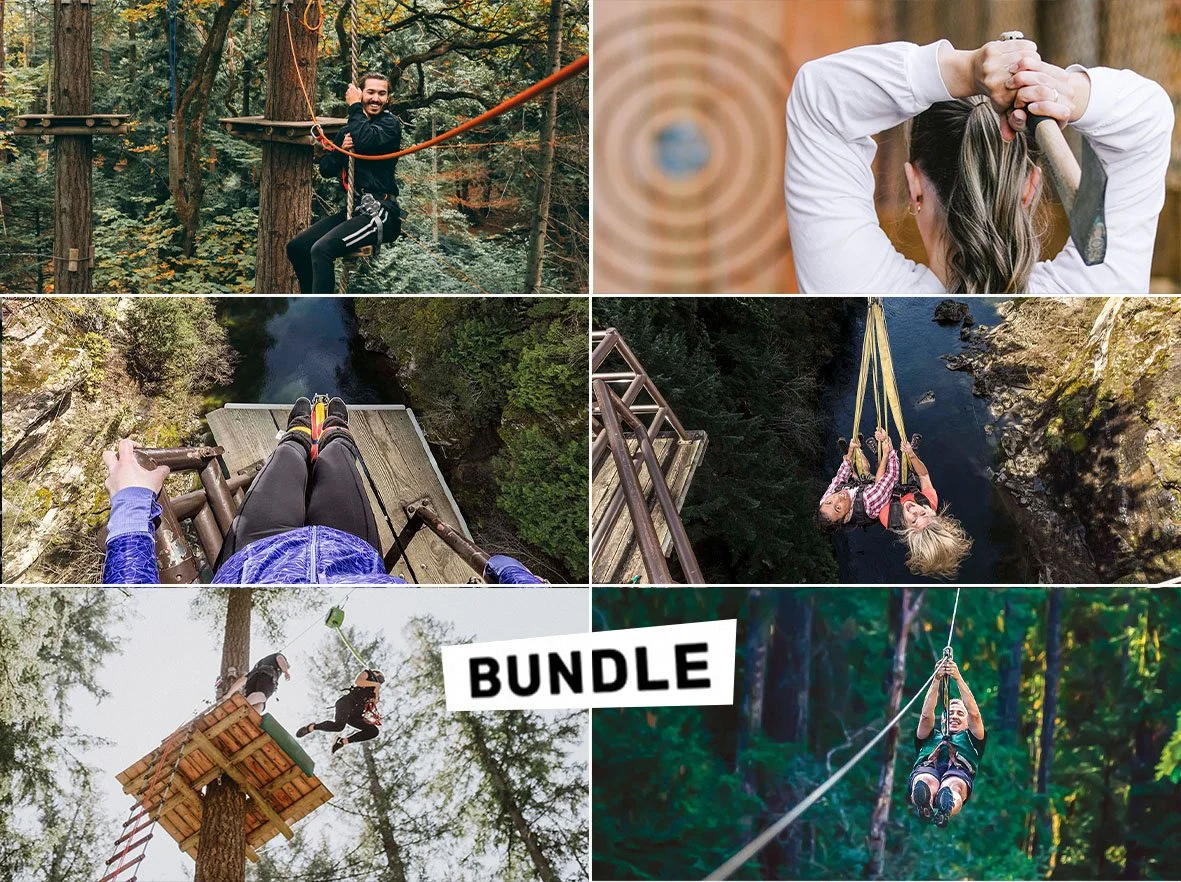 A collage of a man on an adventure ropes course, a girl axe throwing, a guest about to bungy jump, two guests on the primal swing, a guest leaping off the 40 foot what's to fear jump, and a guest ziplining through the trees.