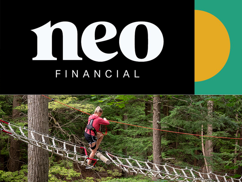 Neo financial logo paired with photo of a guest at WildPlay outdoor adventure park climbing through the treetop ropes adventure course. 