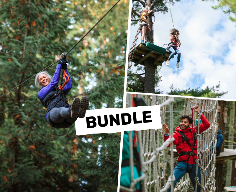Guests enjoying various outdoor activities including ziplining, what's to fear 40-foot freefall jump, and climbing through ropes courses, at WildPlay outdoor adventure park in Thacher State Park. 