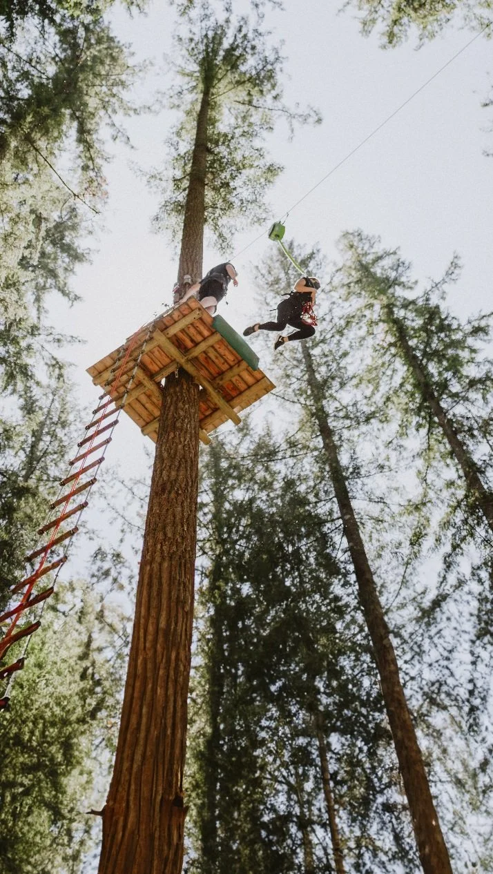 Guest taking the 40-foot What's to Fear Jump freefall leap at WildPlay Victoria aerial adventure park in British Columbia.