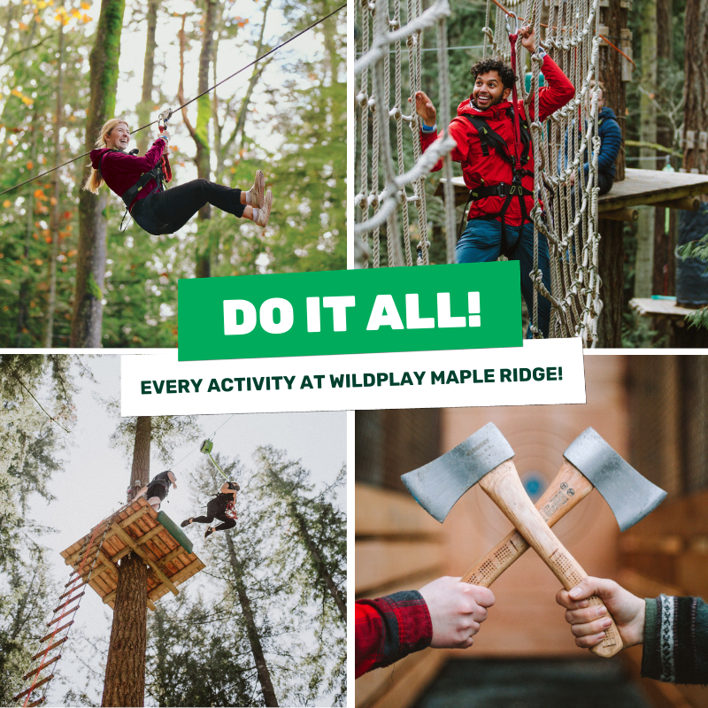 The Do It All Deal Pass showing guests ziplining, climbing ropes courses, freefall jumping on the what's to fear jump, and axe throwing. 