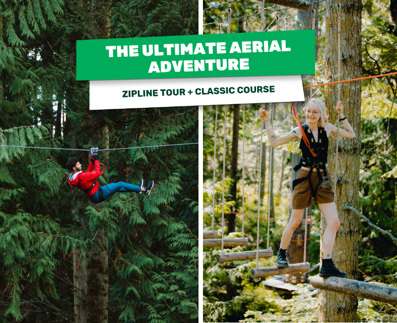 One guest ziplining through trees, and another climbing through a treetop ropes course in Victoria, British Columbia. "The Ultimate Aerial Adventure" and "Zipline Tour + Classic Course" are displayed on the screen. 