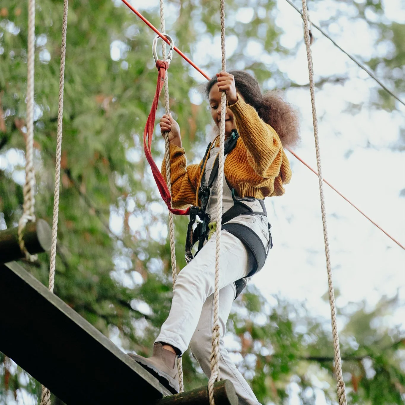 A young girl wearing a harness and climbing on a rope bridge in a forest, holding onto the ropes with both hands.
