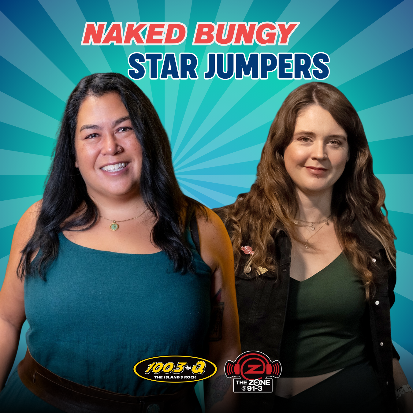 Tess and Kirsten, voices behind the Q, are star jumpers at WildPlay Nanaimo's Naked Bungy 2026.