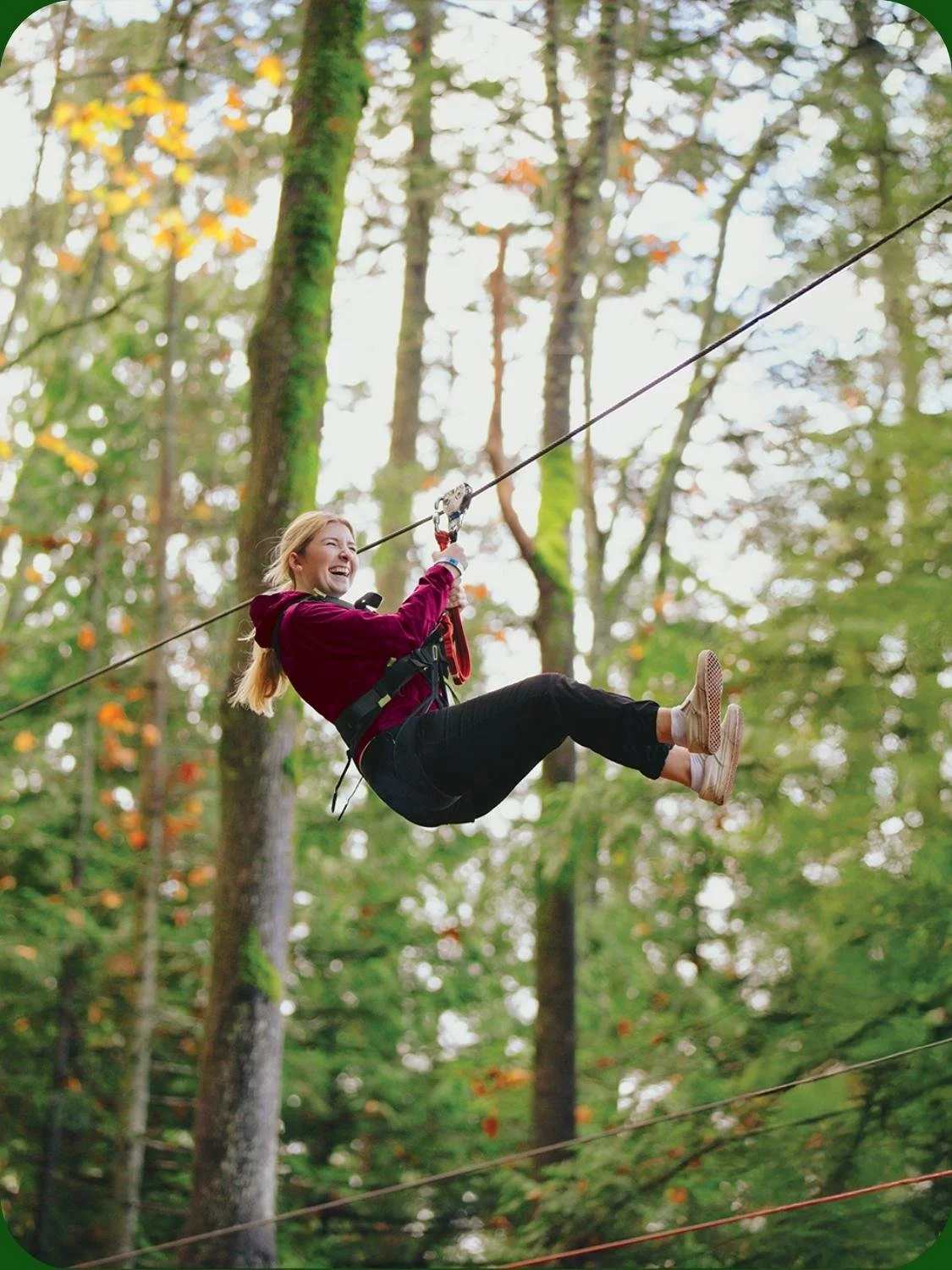 Woman ziplining through forest at WildPlay outdoor adventure park. 