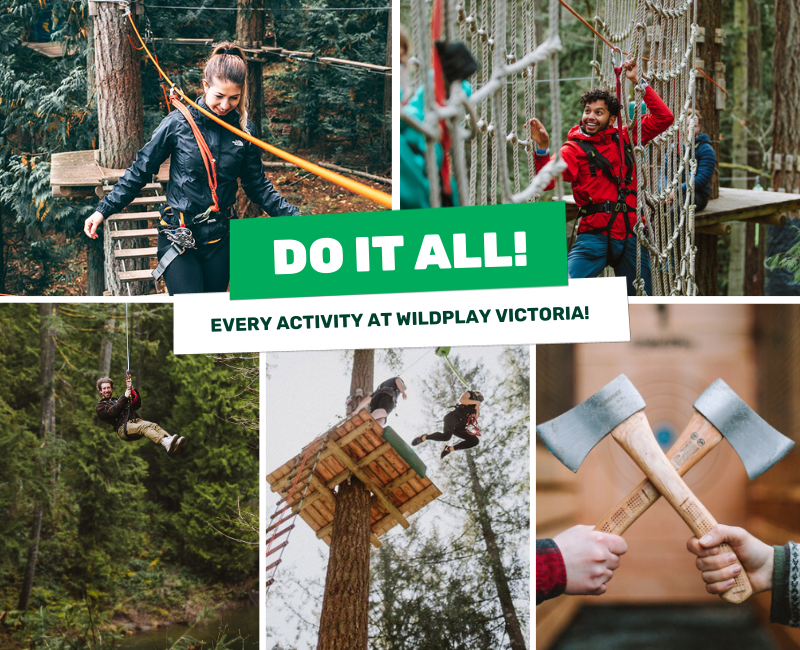 Do It All Deal Passes including classic and extreme adventure courses as well as the zipline tour, 40 foot what's to fear jump, and axe throwing. 