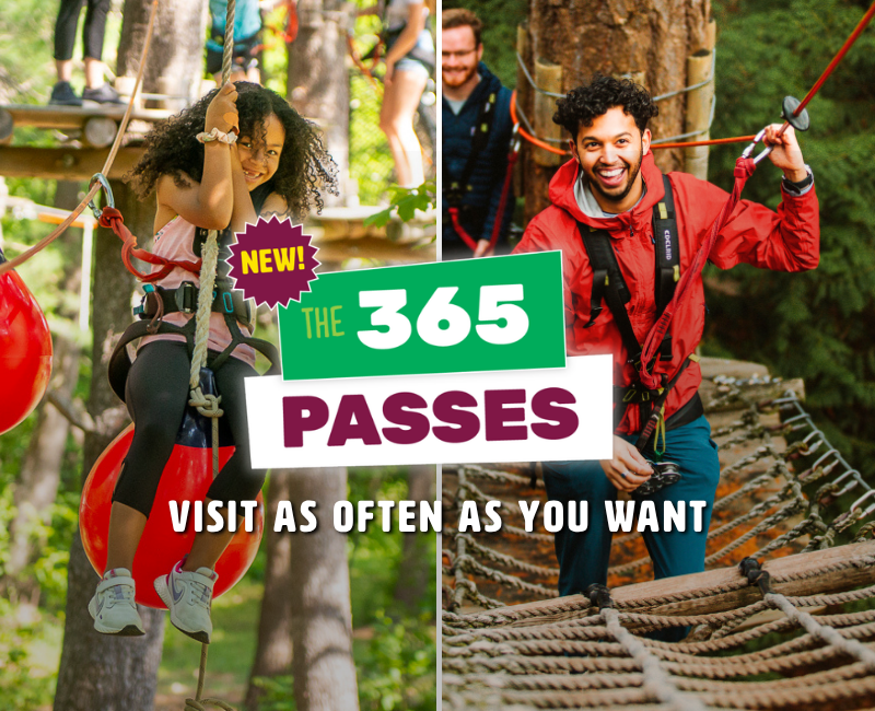 New 365 Pass at WildPlay. Man climbing through adventure courses and girl on swing.