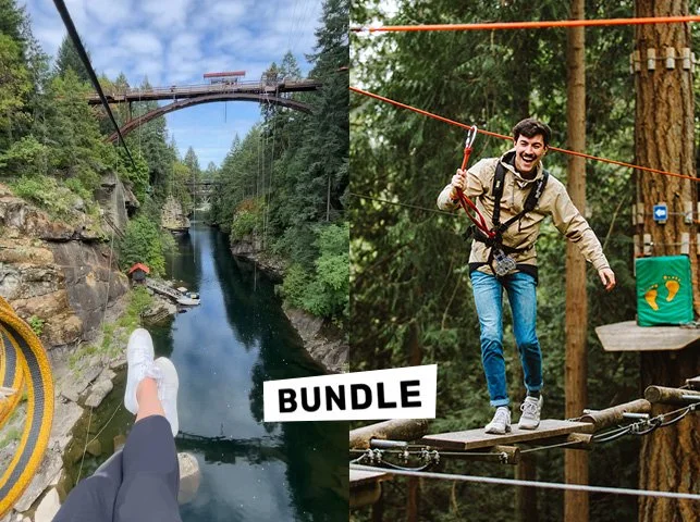 Zipline over Nanaimo River as well as treetop adventure ropes courses at outdoor adventure park in Nanaimo, British Columbia. 