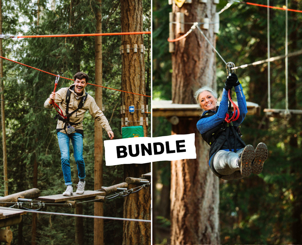 Classic and Extreme bundle package showing guests on ropes courses and ziplines at WildPlay adventure park.