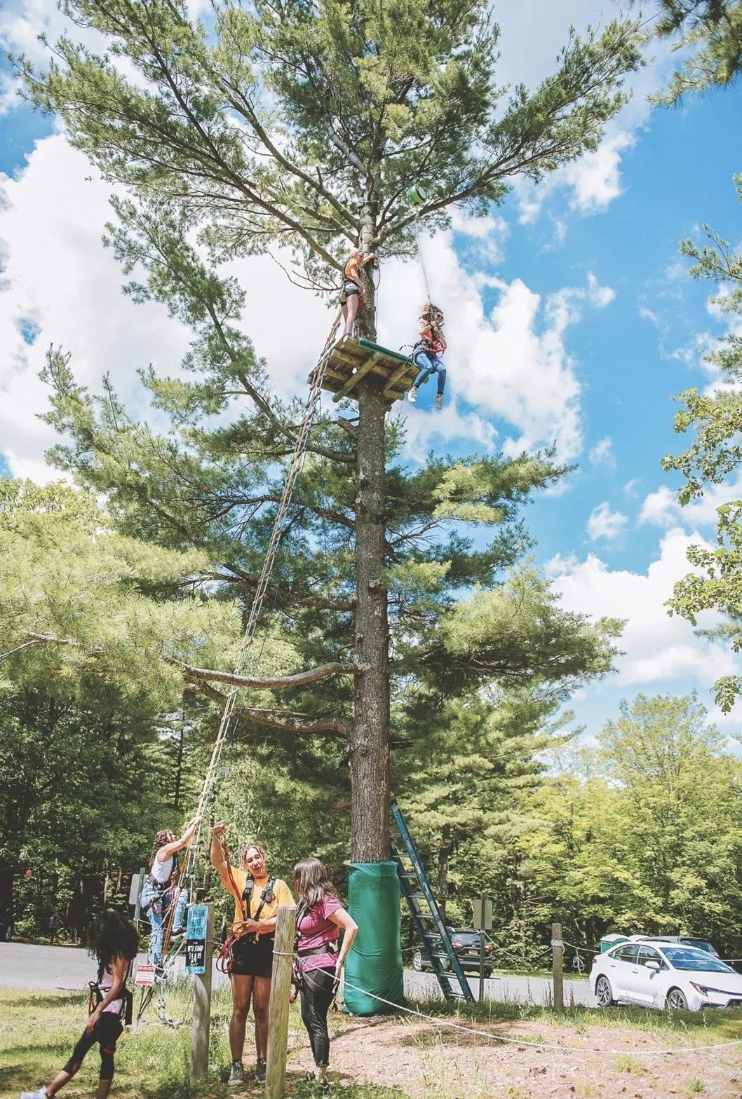 A guest leaps from the 40 foot platform on the what's to fear jump at WildPlay Thacher in Albany, New York.