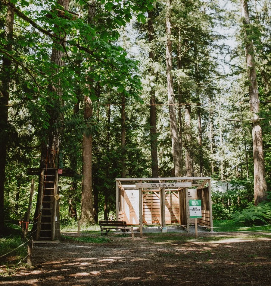 Outdoor axe throwing area in a forest with wooden targets and a ladder-like climbing structure.