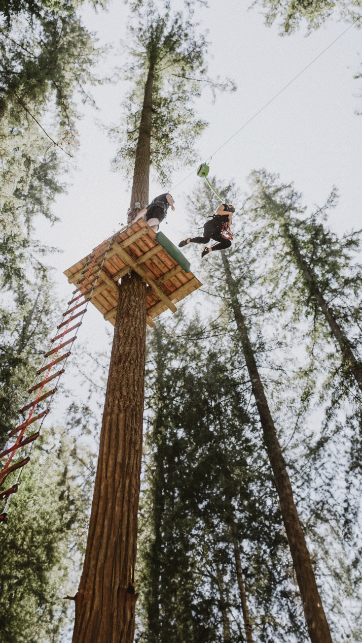 Guest jumping off platform on 40 foot What's To Fear free fall jump at WildPlay in Maple Ridge BC.