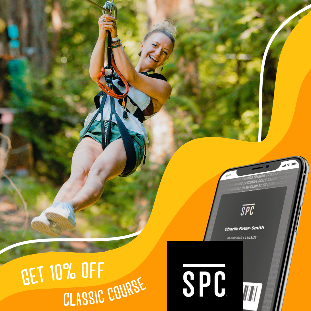 Girl ziplining through trees. Graphics overlaying showing SPC and "Get 10% Off Classic Course."