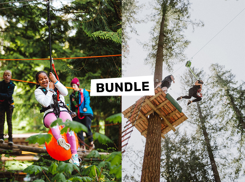 Kids playing on swing on kids adventure ropes course as well as what's to fear 40 foot freefall jump at outdoor adventure park in Albany, New York. 