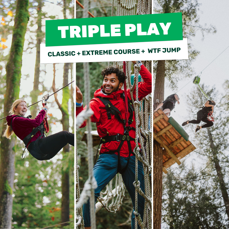 Guests enjoying ziplining, climbing through adventure ropes courses, and taking freefall leap on 40 foot what's to fear jump.