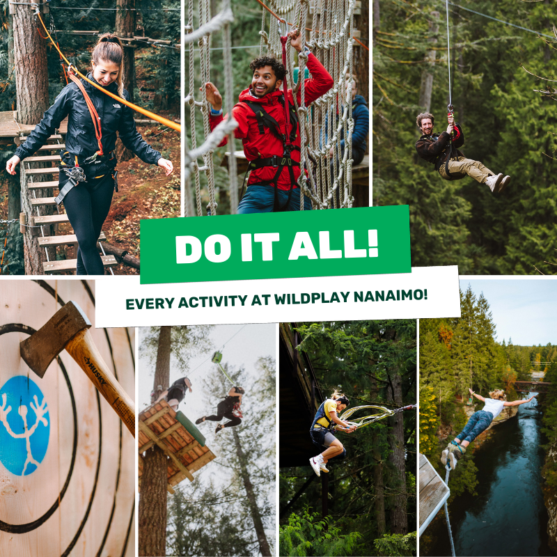Collage of outdoor adventure activities including adventure ropes courses, ziplines, axe throwing, what's to fear jump, bungy jump, and primal swing, at outdoor adventure park in Nanaimo, British Columbia. 