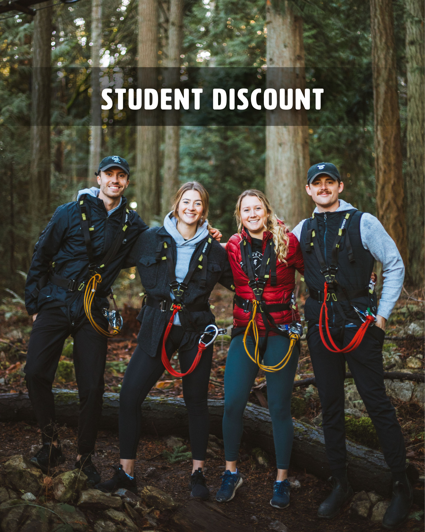 Four guests smiling at outdoor adventure park in British Columbia with "student discount" displayed across the image. 