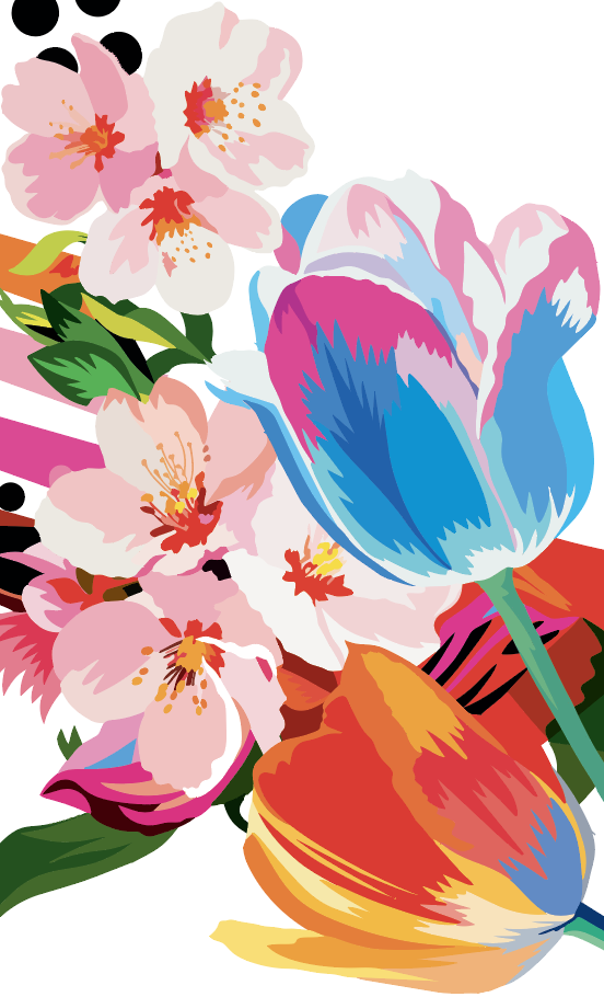 Colorful digital illustration of various flowers, including pink cherry blossoms, a blue and white tulip, and an orange tulip, with green leaves.