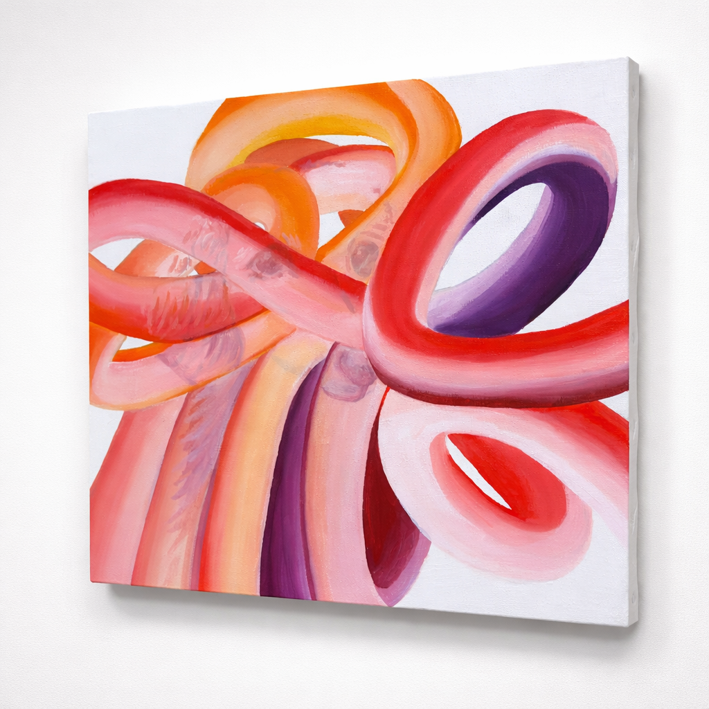 Abstract painting with intertwining loops in shades of red, pink, orange, purple, and white.