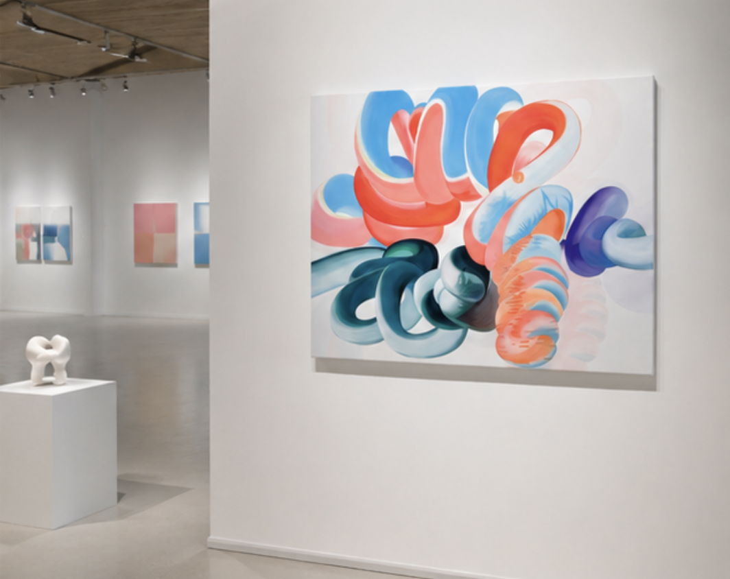 Abstract colorful painting with swirling shapes in red, blue, green, purple, and orange displayed on gallery wall.
