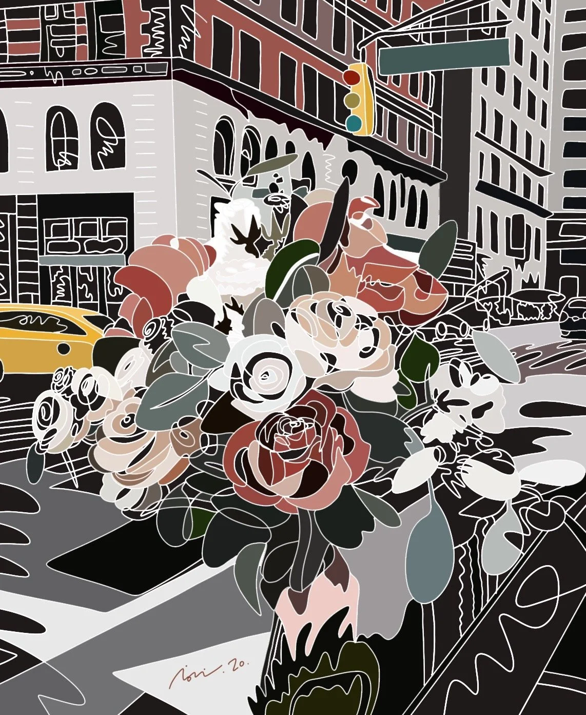 City scene with a flower arrangement in the foreground, featuring roses and greenery in a vase on a sidewalk in front of buildings, with a yellow taxi and a traffic light overhead.