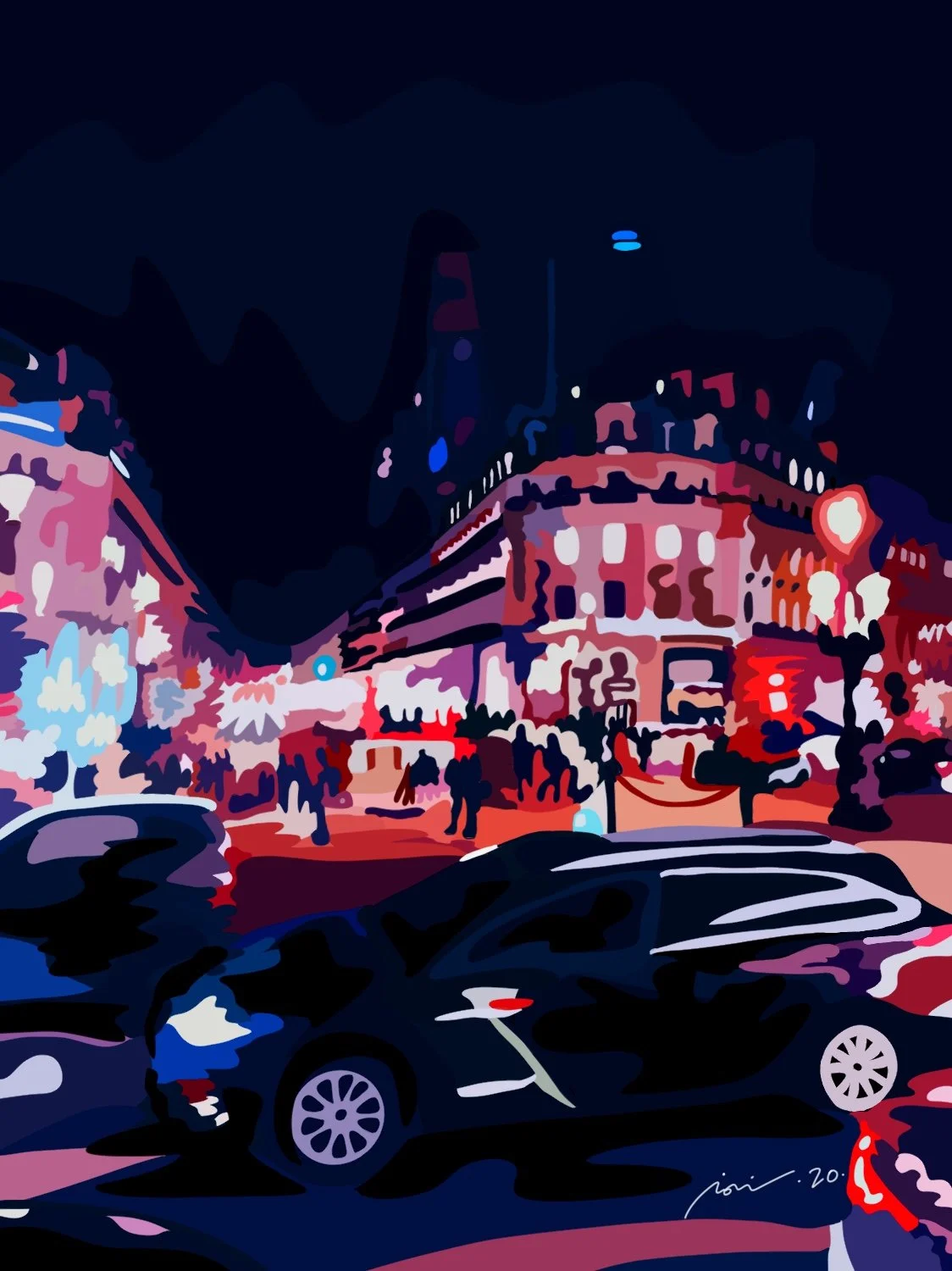 Nighttime city street scene with cars parked, illuminated buildings, and pedestrians.