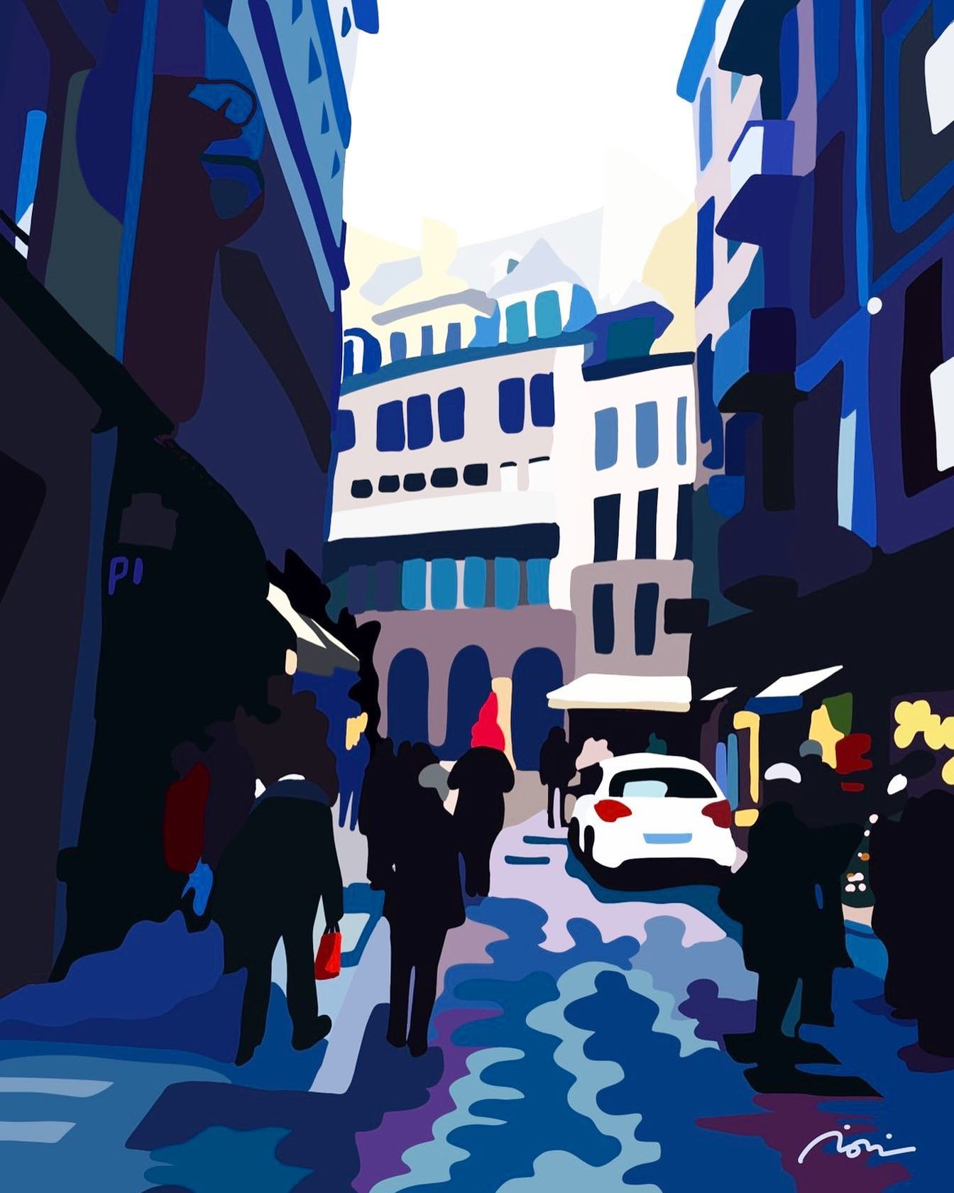 Street scene with pedestrians walking on a city sidewalk, surrounded by tall buildings with various windows and signs, and a white car driving on the street.