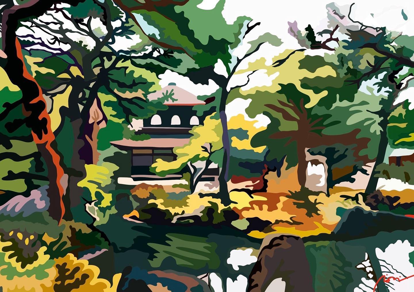 Digital illustration of a garden with various trees, bushes, and large rocks, featuring a traditional Japanese-style building in the background, surrounded by lush greenery and vibrant foliage.