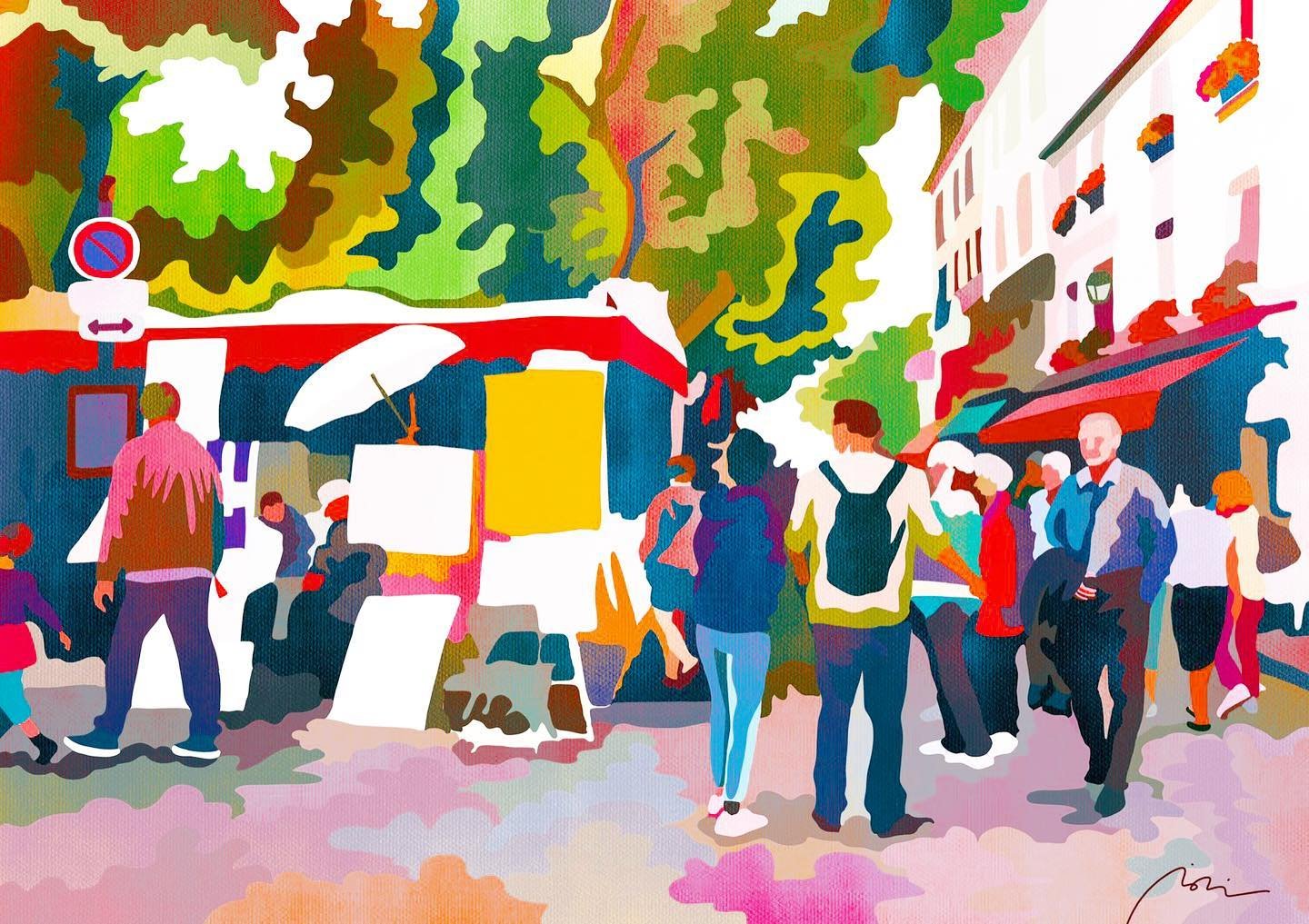 Colorful illustration of a lively outdoor street scene with people shopping or walking, surrounded by trees and buildings with umbrellas.
