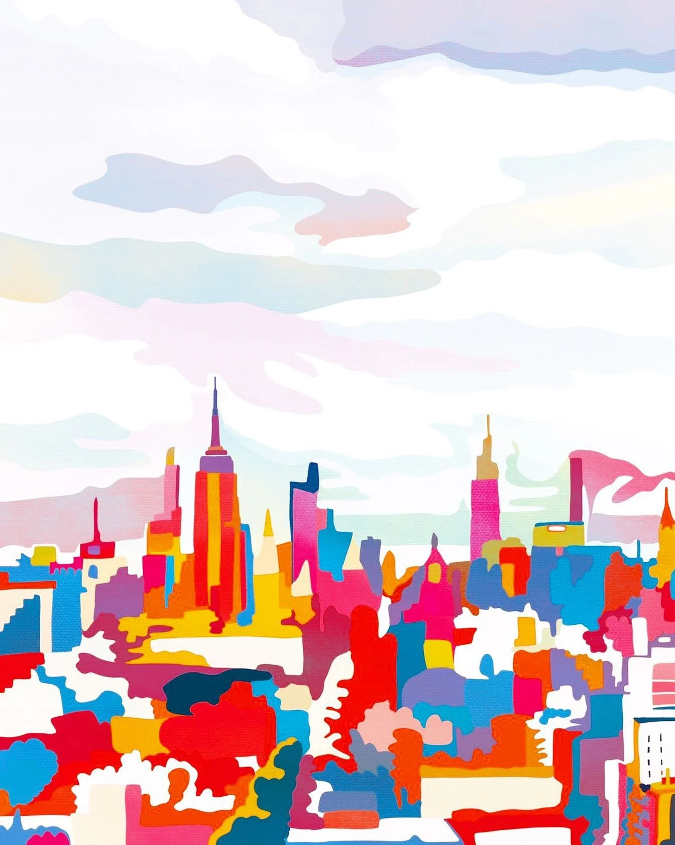 Colorful illustration of a city skyline with tall buildings, including the Empire State Building, under a sky with pastel-colored clouds.