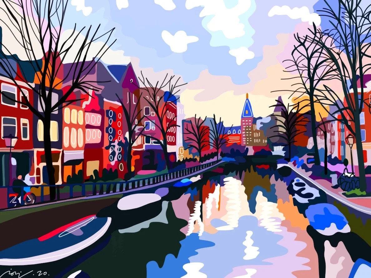 Colorful digital painting of a cityscape with buildings, trees, a canal, and boats during sunset.