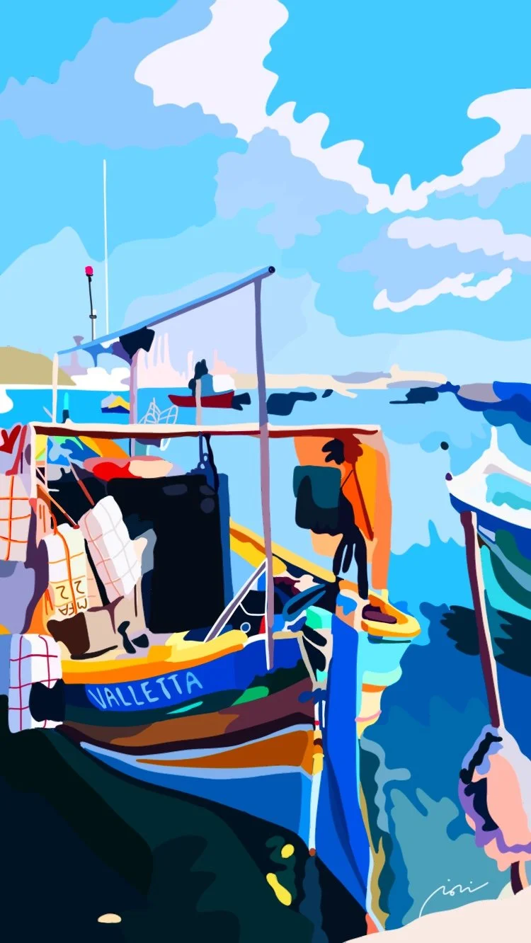 Digital illustration of boats docked at a marina with a view of the water and blue sky with clouds.