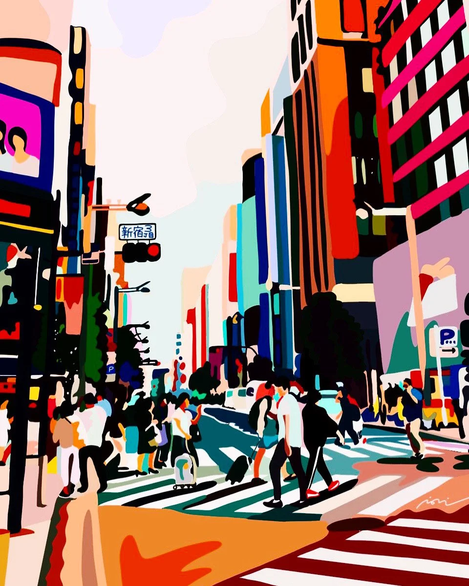 A colorful digital illustration of a busy city street with people crossing the crosswalk and tall buildings on both sides.