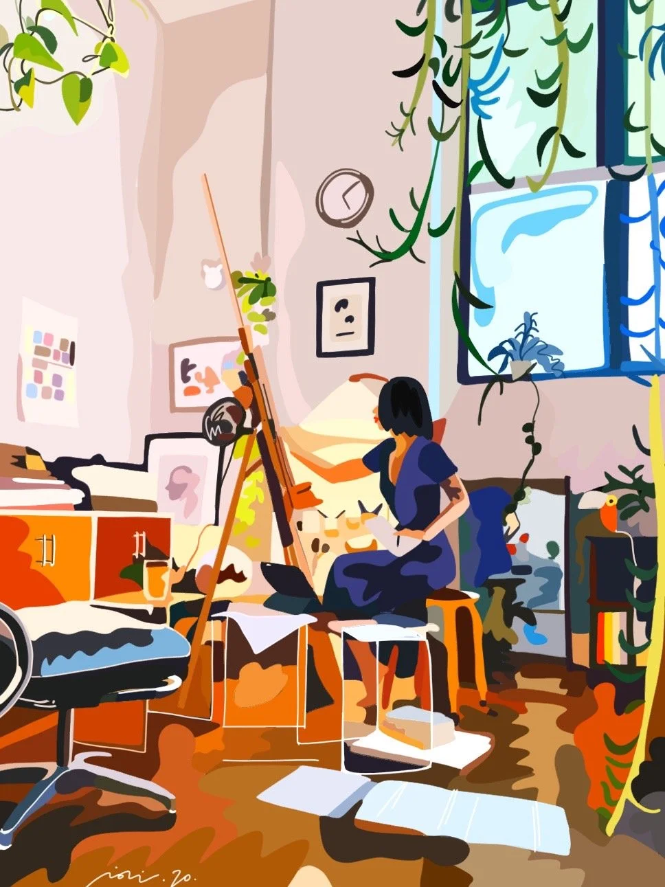 An artist sitting on a stool in a cozy, art-filled room, painting on a canvas, surrounded by plants, furniture, and art supplies near a window with hanging plants.