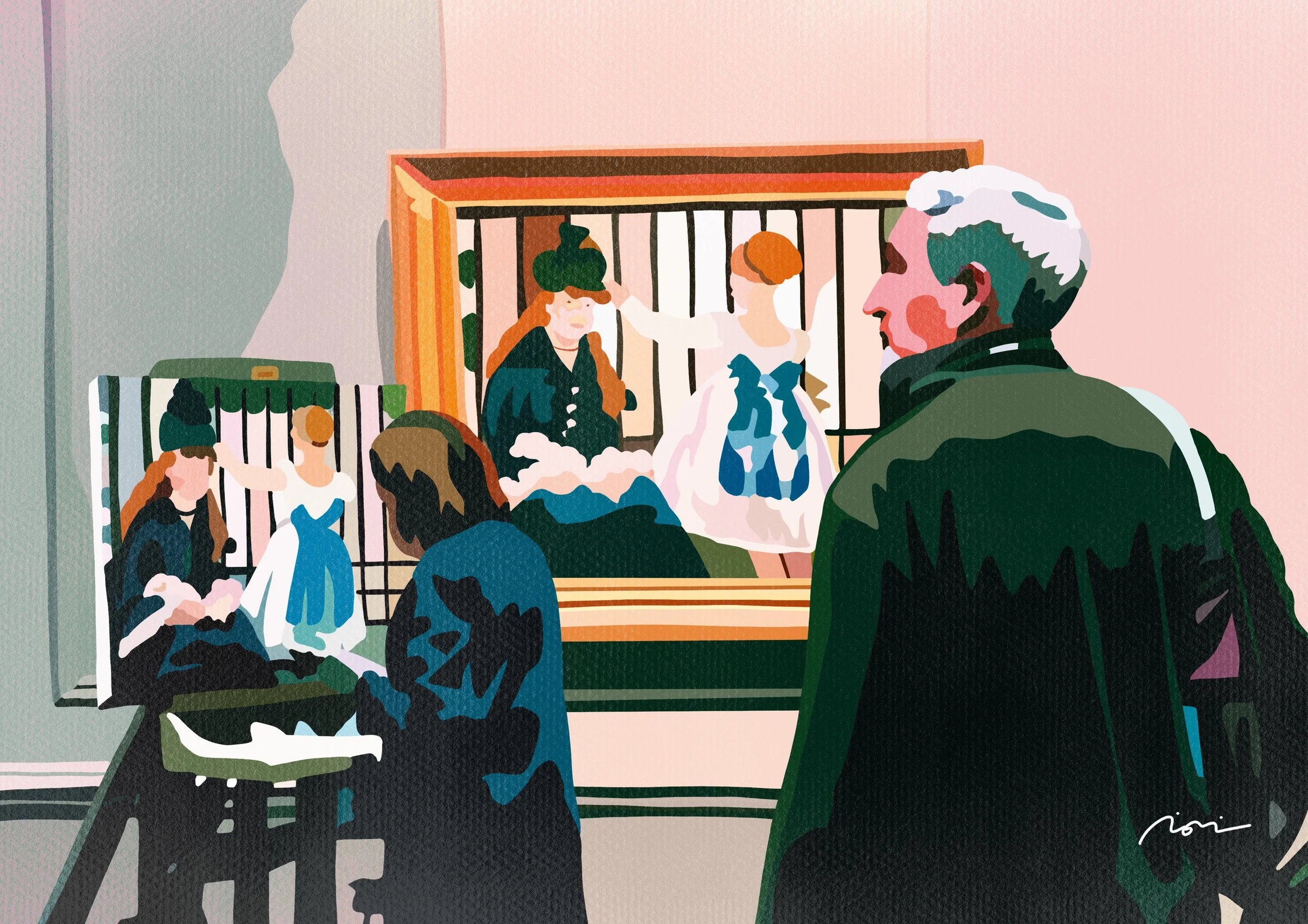 An illustration of a man and a woman with children looking at a large framed poster or artwork. The man has gray hair and is wearing a dark jacket, the woman has long red hair, and the children are dressed casually. The background includes a pink wal