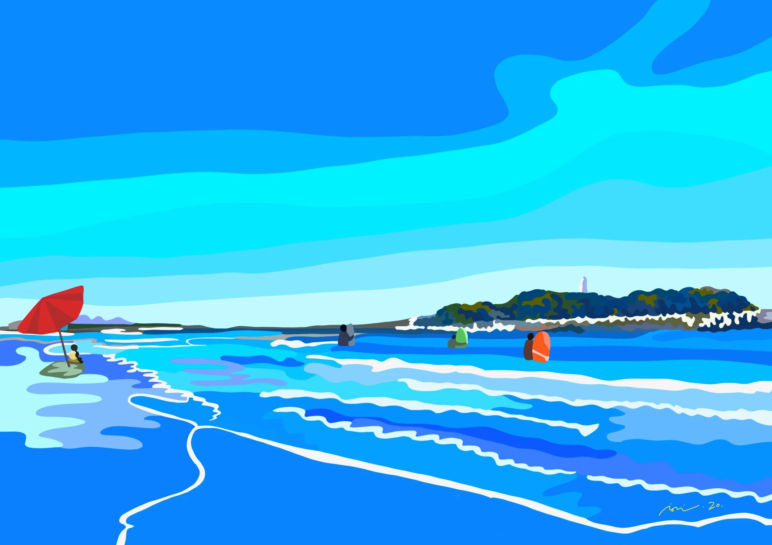 A digital illustration of a beach scene with blue waves, a rocky island with a lighthouse, a person standing in the water, and a red umbrella on the sandy shore.