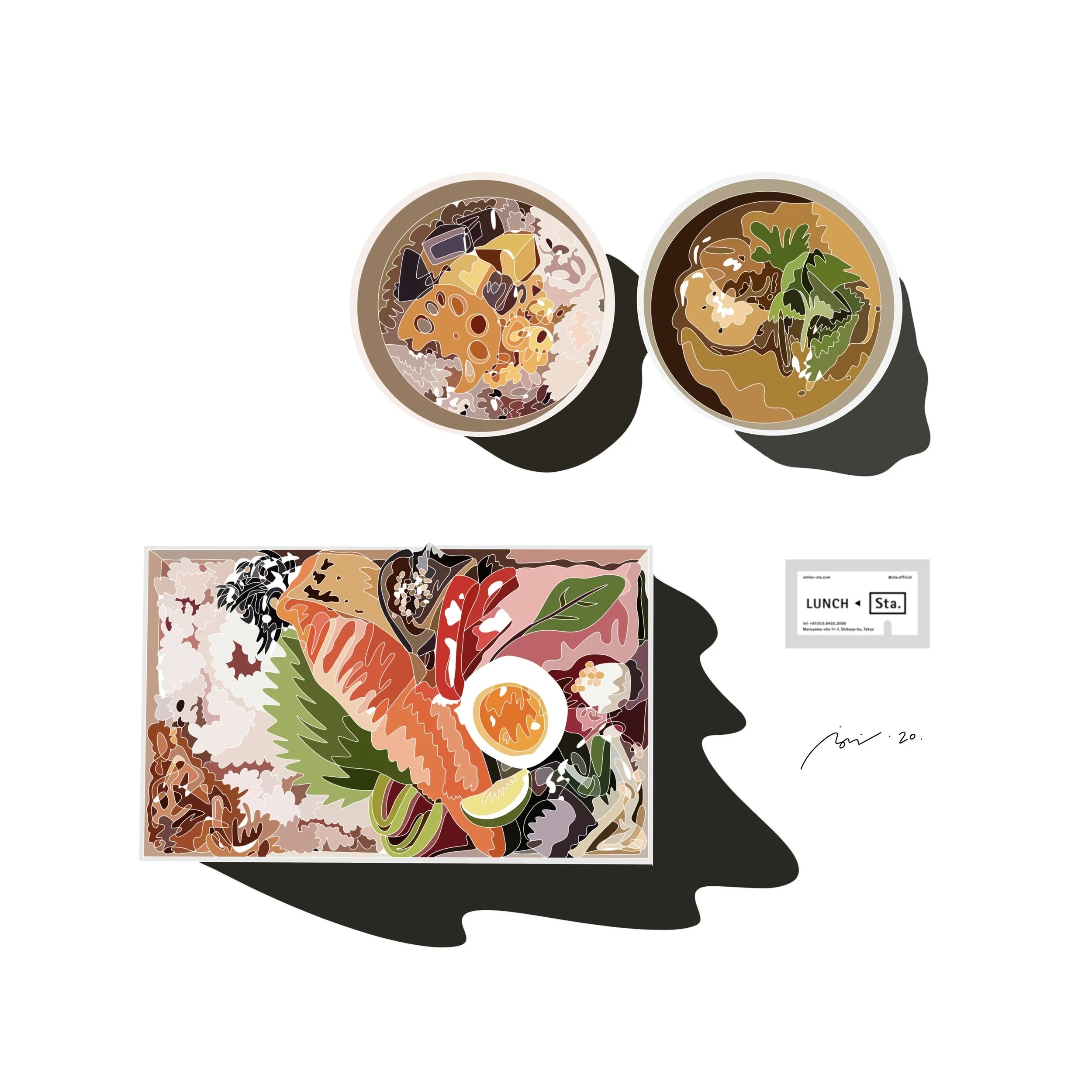 Artistic illustration of a person's profile silhouette with dishes of different types of food, including vegetables, meat, and eggs, depicted within the outline.