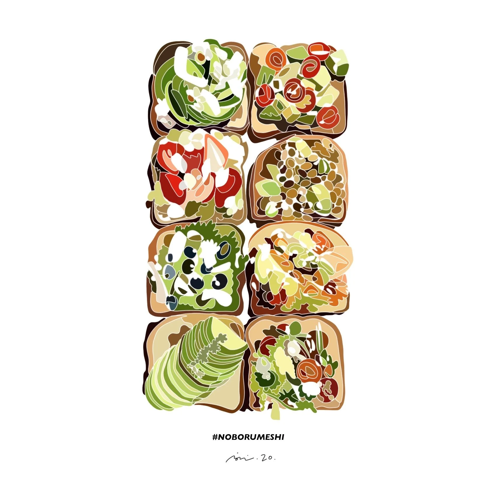 A colorful digital illustration of assorted sushi rolls arranged vertically on a white background.