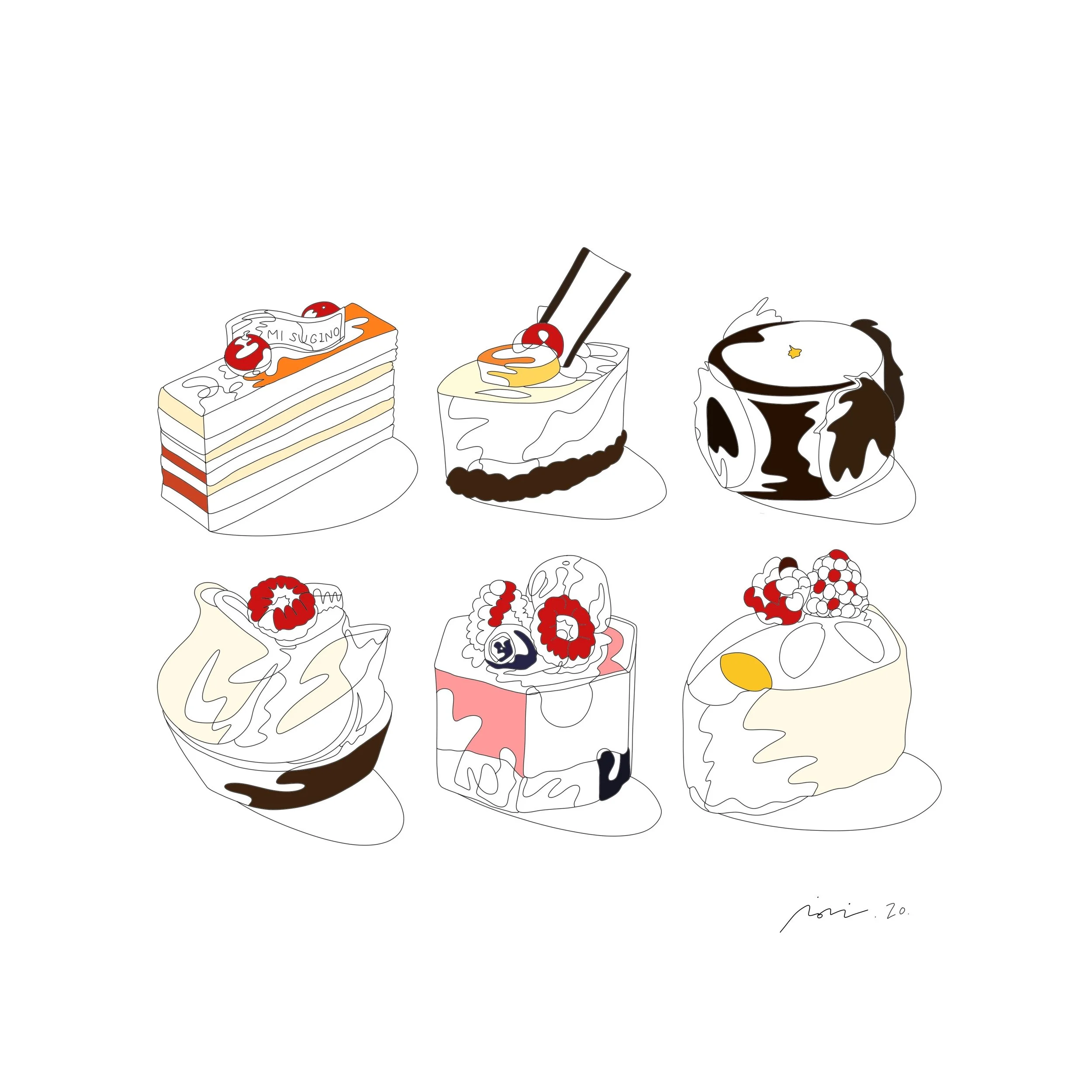 Illustration of various desserts, including a layered cake with cream and cherries, a slice of cake with cream and cherries, a cup of coffee or hot chocolate, and other sweet treats, with a signature 'Noni 20' in the bottom right corner.