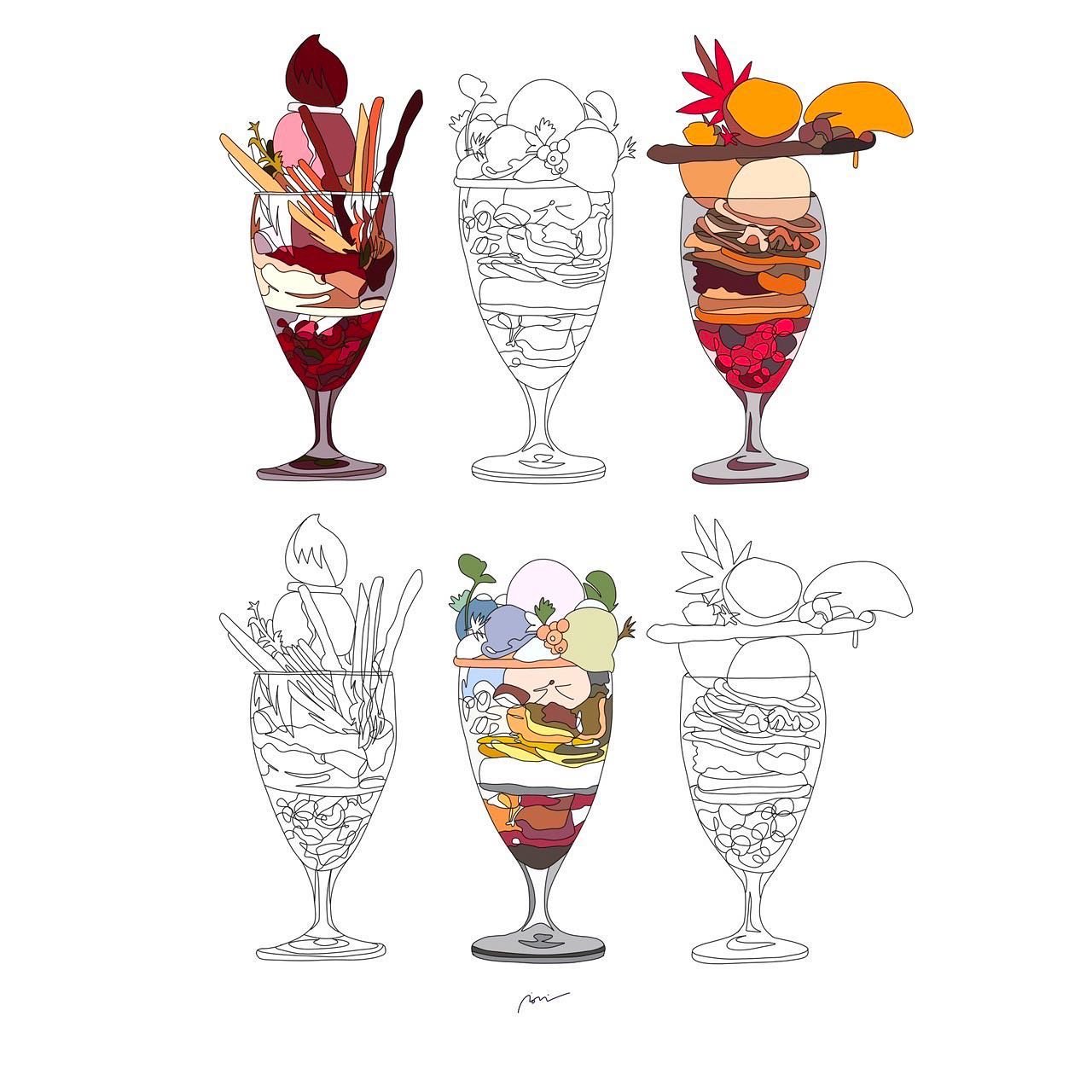 Colorful illustration of a six glasses with various fruits, vegetables, and garnishes, some drawn in color and some in black and white outlines.