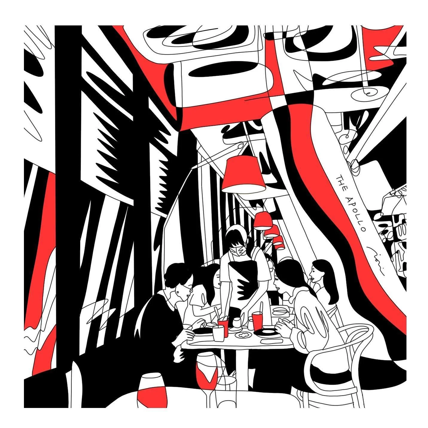 Illustration of a group of people dining at a restaurant, with red pendant lamps hanging from the ceiling, and black, white, and red architectural elements.