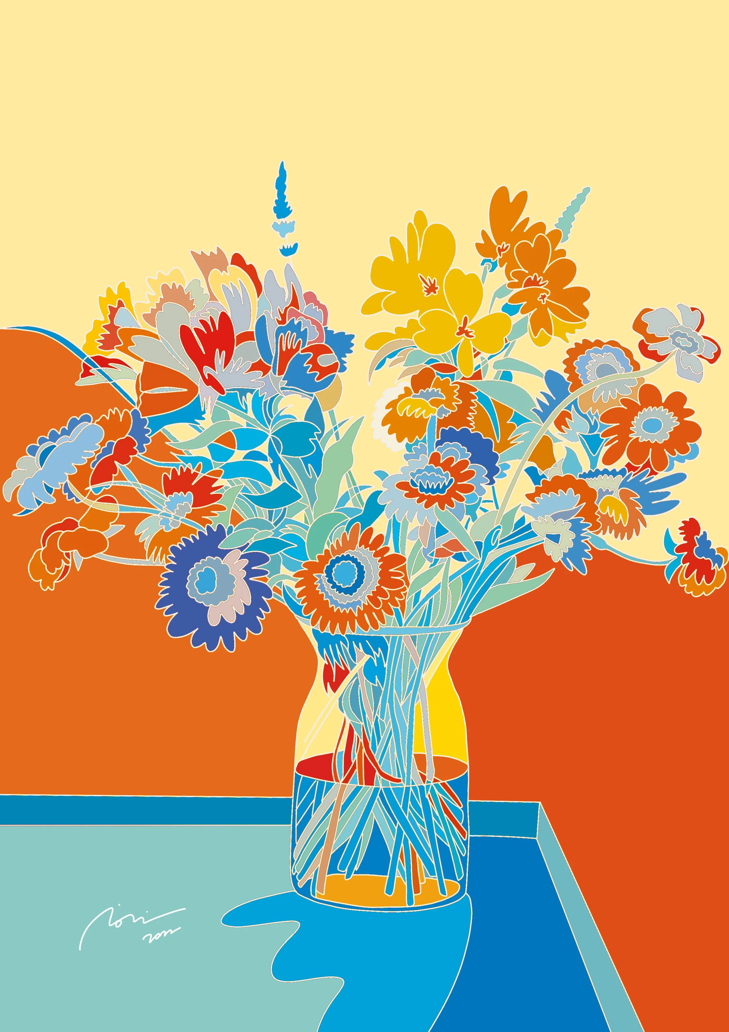 A stylized digital illustration of a yellow vase filled with colorful flowers in shades of red, orange, yellow, and blue, placed on a table with a blue and white pattern, against a beige, orange, and blue background.