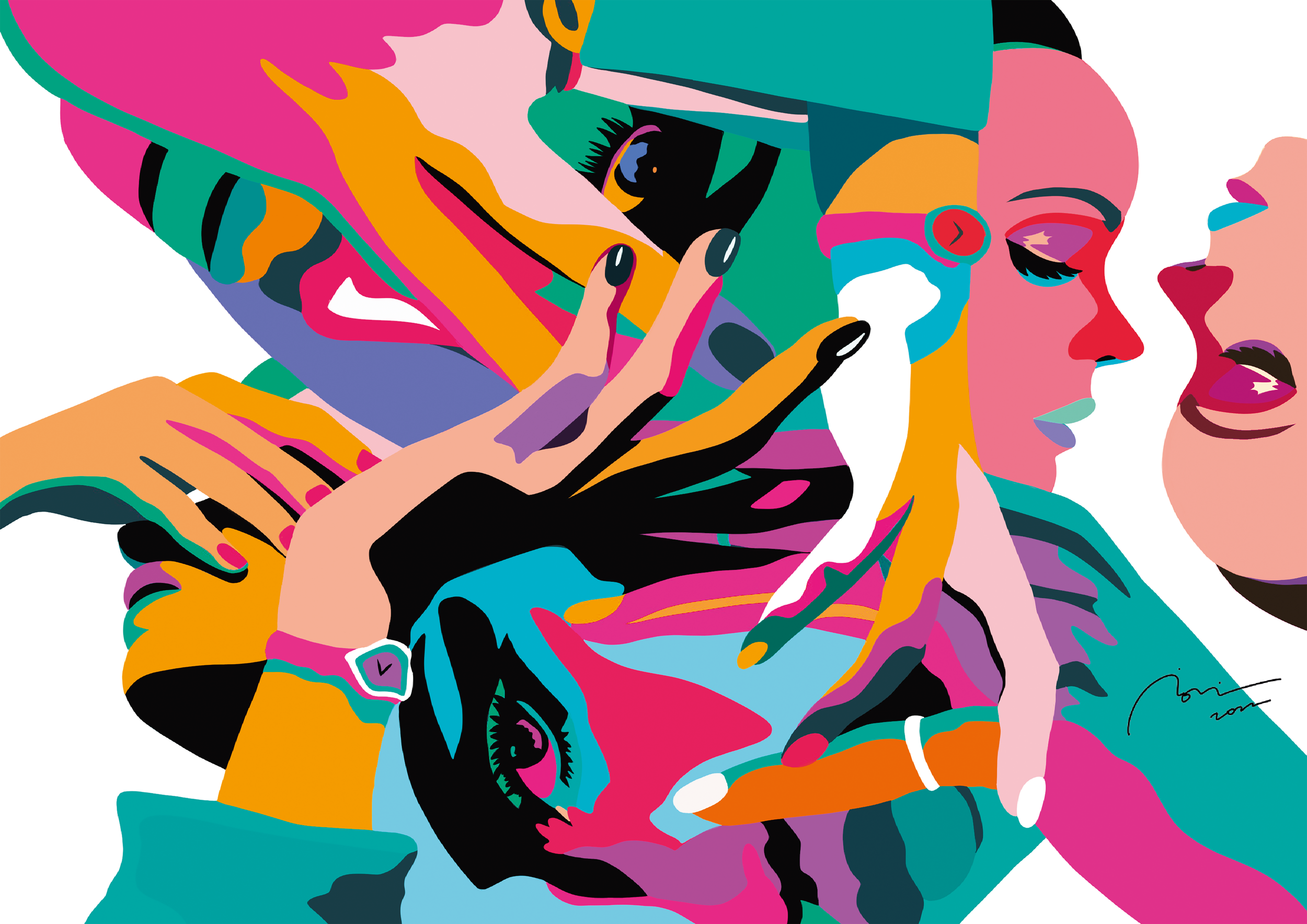 Colorful abstract artwork of two faces close to each other, with one face holding a cellphone and the other face facing them. Bright, vivid colors with stylized features.